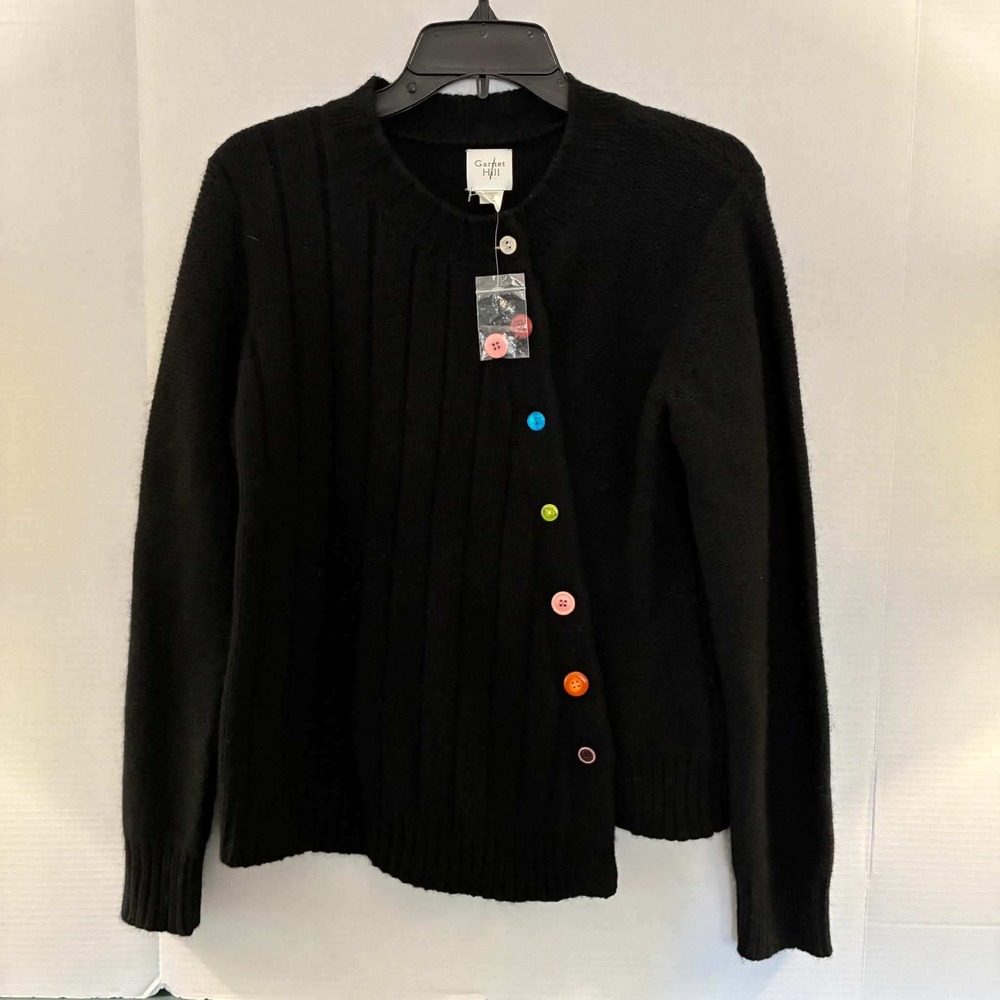 Vintage Garnet Hill Cardigan Womens M Black Lambs Wool Angora Colorful Button